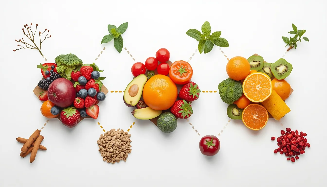 Organic shapes and interconnected nodes representing balanced nutrition and natural food harmony